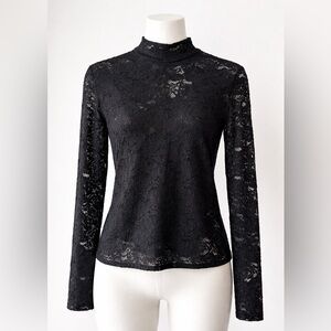 H&M Black Floral Lace Mock Neck Blouse | Sheer Long Sleeve Date Night Top